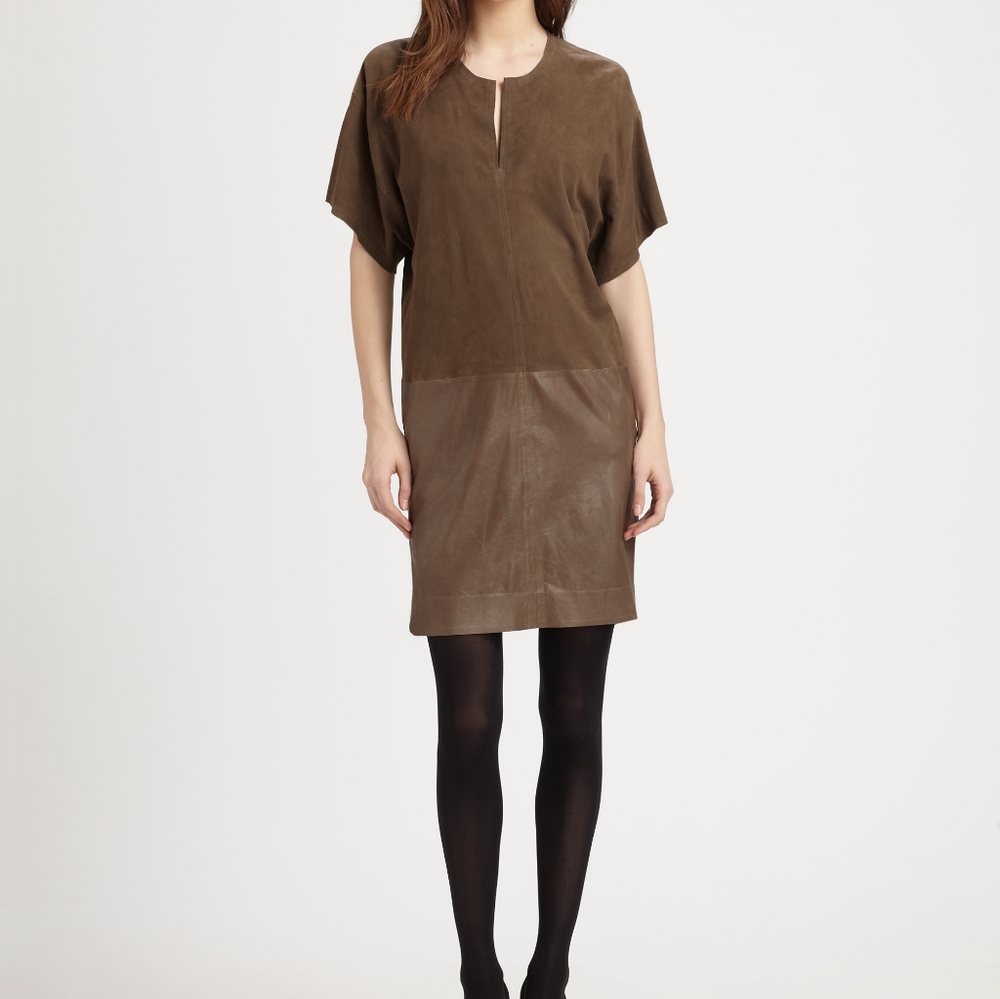 Vince leather and suede shift dress with two welt pockets.
